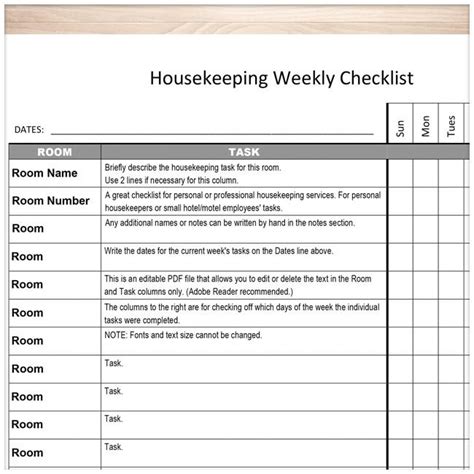 Housekeeping Weekly Checklist Cleaning Services Editable Room And