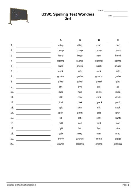 U1w1 Spelling Test Wonders 3rd Spelling Test Quickworksheets