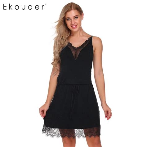 Ekouaer New Sexy Lace Nightdress Women Spaghetti Strap Patchwork Trim Nighties Sleepwear Summer