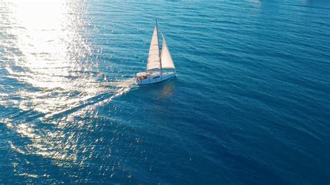 Aerial View Yacht Sailing On Open Sea At Sunny Day Sailing Boat In