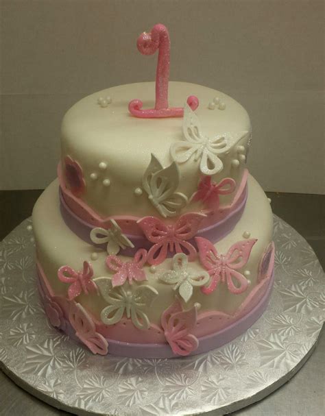 Calumet Bakery Fondant Two Tier With Gum Paste Butterflies Pink And Purple 1st Birthday Cakes