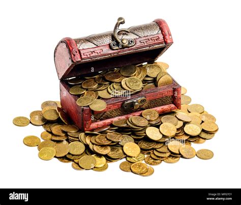 Open Treasure Chest Filled With Gold Colored Coins Isolated On White