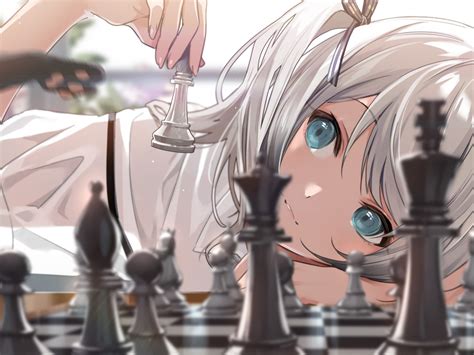 Anime Anime Girls Blonde Chess Cats Blue Eyes Ribbons Long Nails Silver
