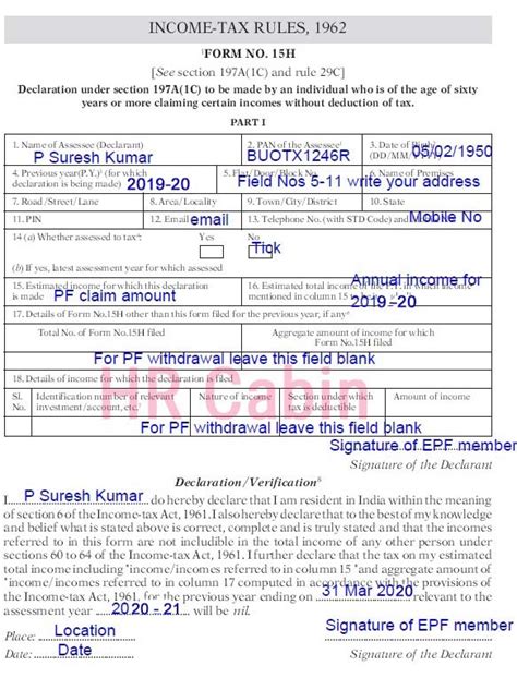 Sample Filled Form 15g And 15h For Pf Withdrawal In 2021