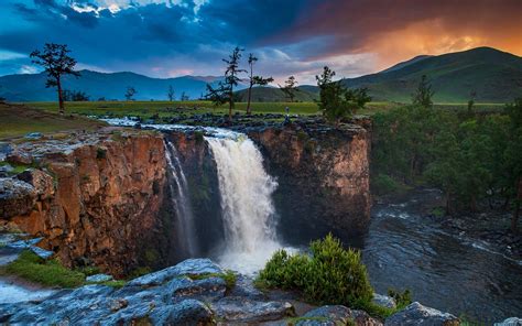 Wallpaper Mongolia Waterfall Trees Clouds Mountains Dusk 1920x1080