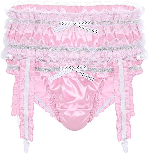 yizyif mens shiny satin sissy flutter maid briefs girly panties underwear with garter clips pink