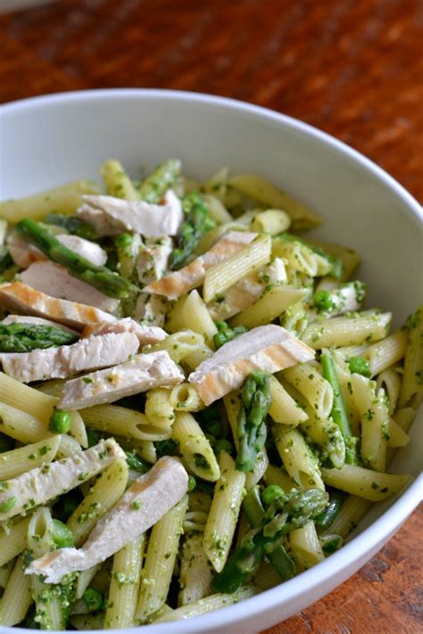 Pesto Pasta With Chicken Asparagus And Peas Good In The Simple