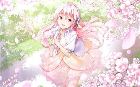 Anime Girl Sakura Blossom Pink Hair Anime Girl With Sakura Flower