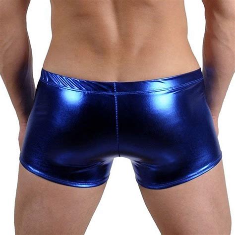 Men Metallic Shiny Hotpants Drawstring Boxer Brief Swimwear Trunks