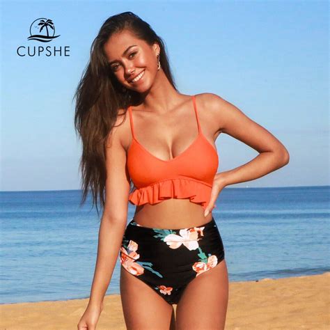 Cupshe Orange And Floral High Waist Bikini Sets Woman Sexy Lace Up Tank Swimsuit Two Pieces