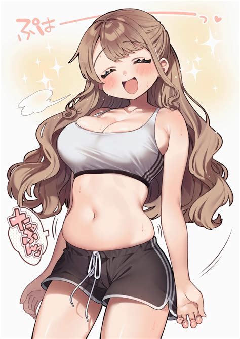 Safebooru Girl D Bangs Bare Arms Belly Black Shorts Blush Breasts Brown Hair Commentary