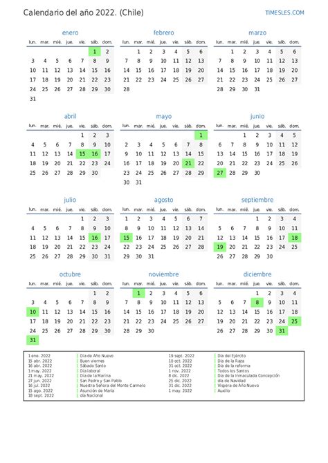 Calendario 2022 Con Días Festivos En Chile Imprimir Y Descargar