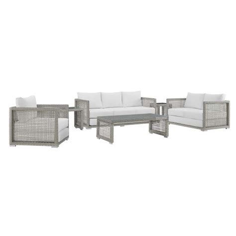 Aura 6 Piece Outdoor Patio Wicker Rattan Set In Gray White By Modway