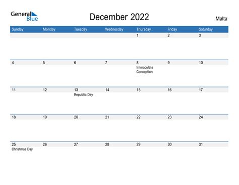 Malta December 2022 Calendar With Holidays