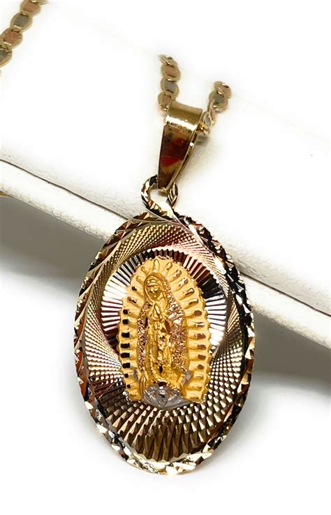 10k Solid Gold Tri Color Virrgin Mary Laser Cut Pendant Necklace Virrg