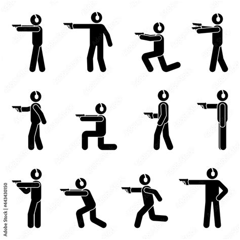 Stick Figure Shooter Man With Gun And Ear Protection Various Poses