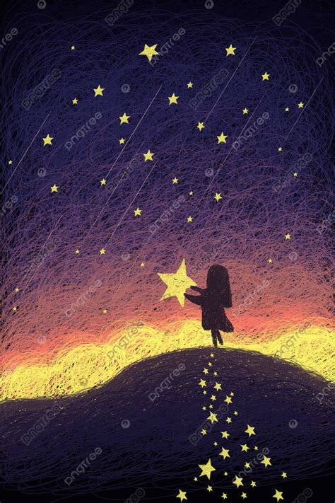 Beautiful Starry Sky Picking Up The Stars Teenage Girl Illustration
