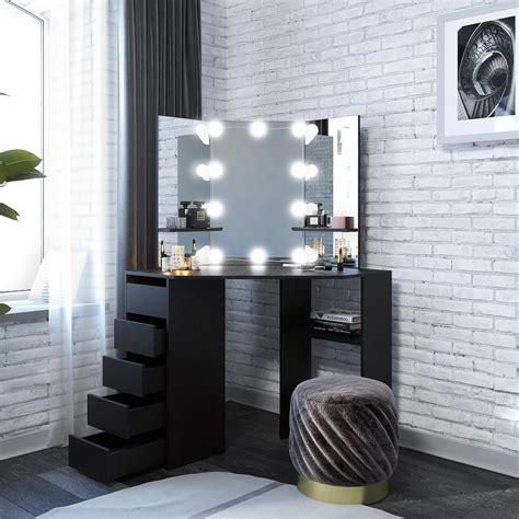 Dark Brown Corner Makeup Vanity Table With Led Lights Tri Fold Mirror