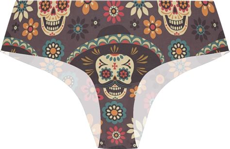Ladies Bikini Panties S Stretch Skulls And Flowers On Dark Background