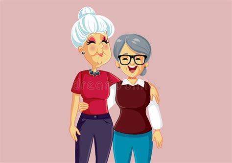 Senior Ladies Being Best Friends Vector Cartoon Illustration Stock