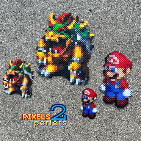 Super Mario Rpg Mario and Bowser perler mini bead sprites and their big