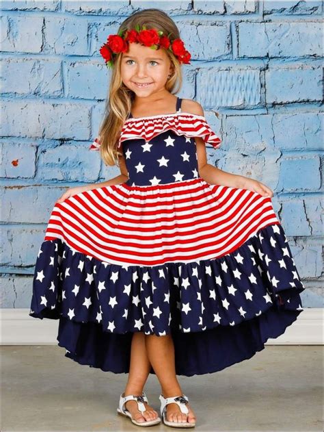 Girls 4th Of July Themed Hi Lo Star And Striped Print Off The Shoulder