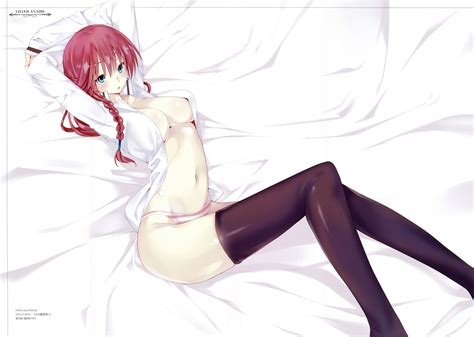 rule 34 asami lilith bed blue eyes breasts red hair stockings trinity seven 3234383