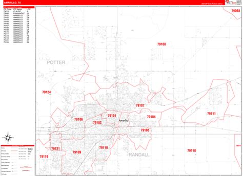 Amarillo Texas Zip Code Wall Map Red Line Style By Marketmaps Mapsales