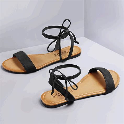 Sandalup Tie Up Ankle Strap Flat Sandals For Women New Black Size