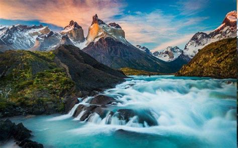 Nature Landscape Torres Del Paine Horns Fall Chile Waterfall