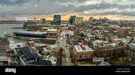 Aerial View Of Baltimore Skyline With Skyscrapers Inner Harbor Fells