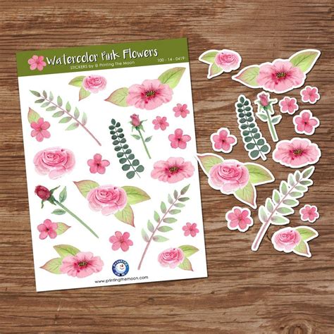 Watercolor Pink Flowers Sticker Sheet Scrapbook And Planner Sticker