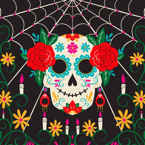 Drawing Of Day Of The Dead Skull With Roses Stock Photos Pictures