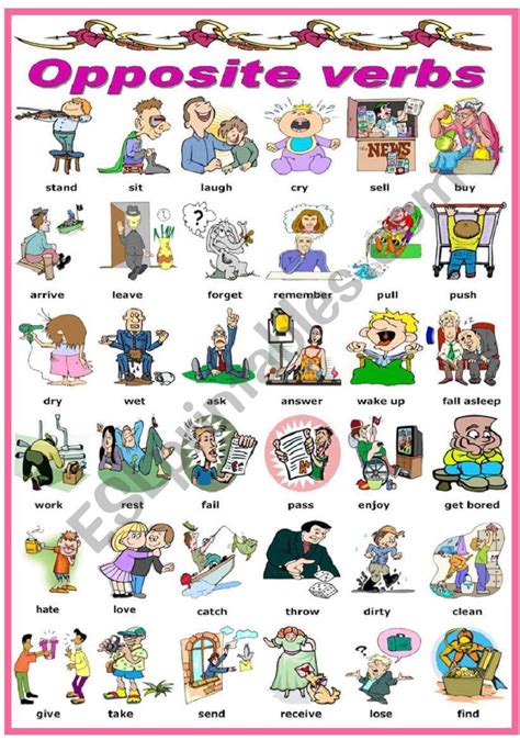 Opposite Verbs Pictionary Bandw Version Included Esl Worksheet By