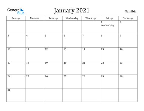 Download or customize these free printable monthly calendar templates for the year 2021 with us holidays. January 2021 Calendar - Namibia