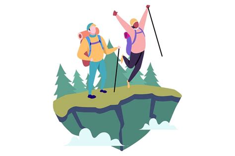 Cheerful Couple Climbing The Mountain Flat Illustration