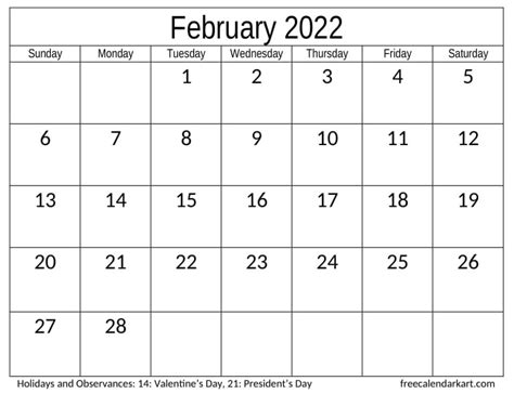 February 2022 Calendar With Holidays Notes
