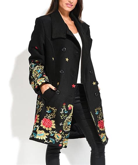 Take A Look At This Black And Green Floral Embroidered Coat Today