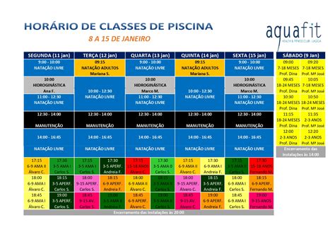 Aquafit HorÁrio Das Classes De Piscina De 8 A 15 De Janeiro