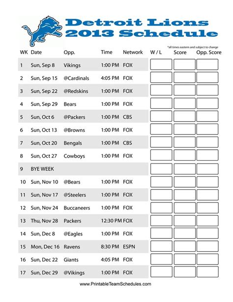 Detroit Lions Printable Schedule