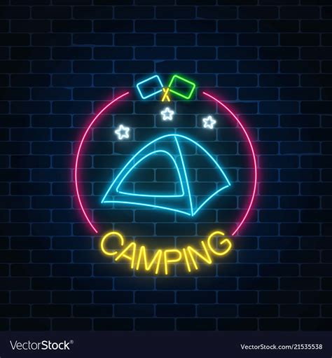 Neon Camping Sign With Tent Stars And Flagsin Vector Image