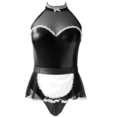 Women Leather French Maid Adult Uniform Fancy Dress Costume Outfit