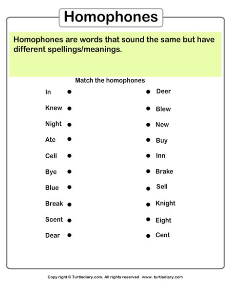 Homonyms Homophones Worksheets Match The Homophones 1 Turtle Diary