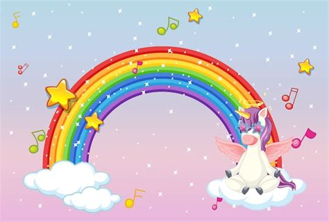 Premium Vector Rainbow With Cute Unicorn Or Pegasus On Pastel Sky