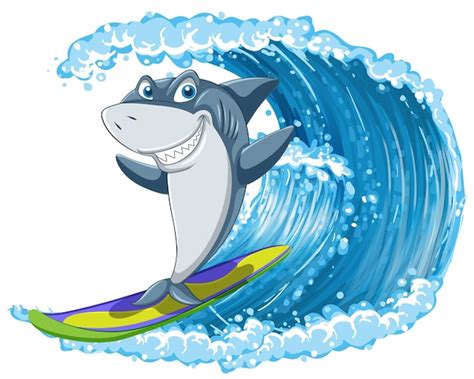 Free Vector Shark On Surfboard With Ocean Wave