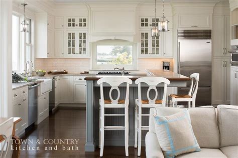 White And Blue Cottage Kitchen With Blue Beadboard Center Island