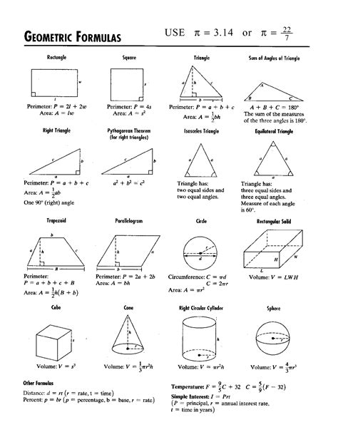 Geometric Formulas Worksheet