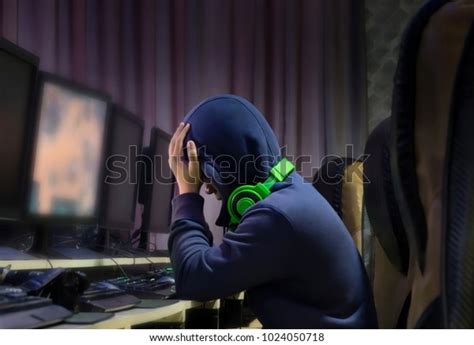 Depressed Young Man Internet Cafe Sceneconceptual Stock Photo Edit Now