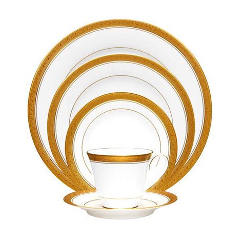 Dinner plate, salad plate, bread & butter plate, cup and saucer), eight soup plates, one oval vegetable bowl and one medium oval platter. Crestwood Gold 5 Piece Place Setting, Service for 1 ...