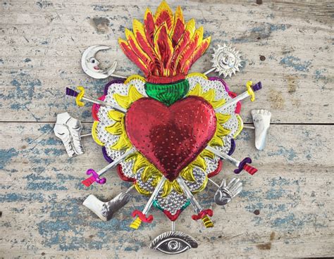 Mexico Folk Art Handmade Mexican Tin Sacred Heart Folk Art Milagro Wall
